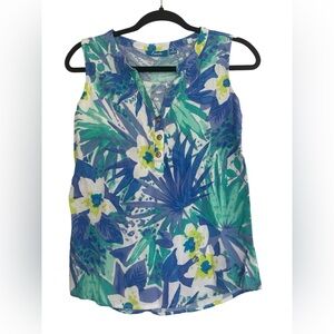 Fresh Tropical Floral Tank Top - Blue and Green V Neck Size Small